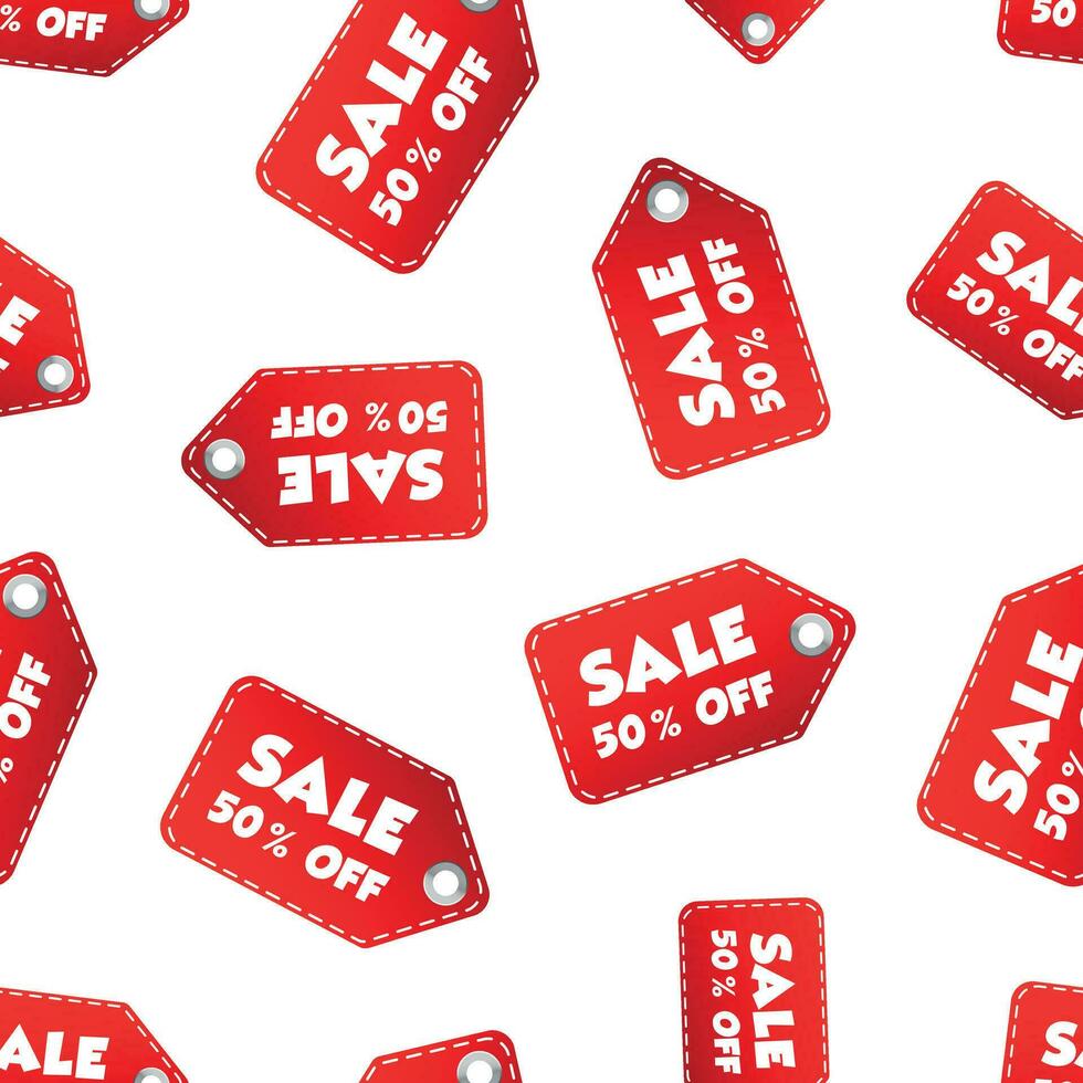 Sale 50 off hang tag seamless pattern background. Business flat vector illustration. Business sale label symbol pattern.