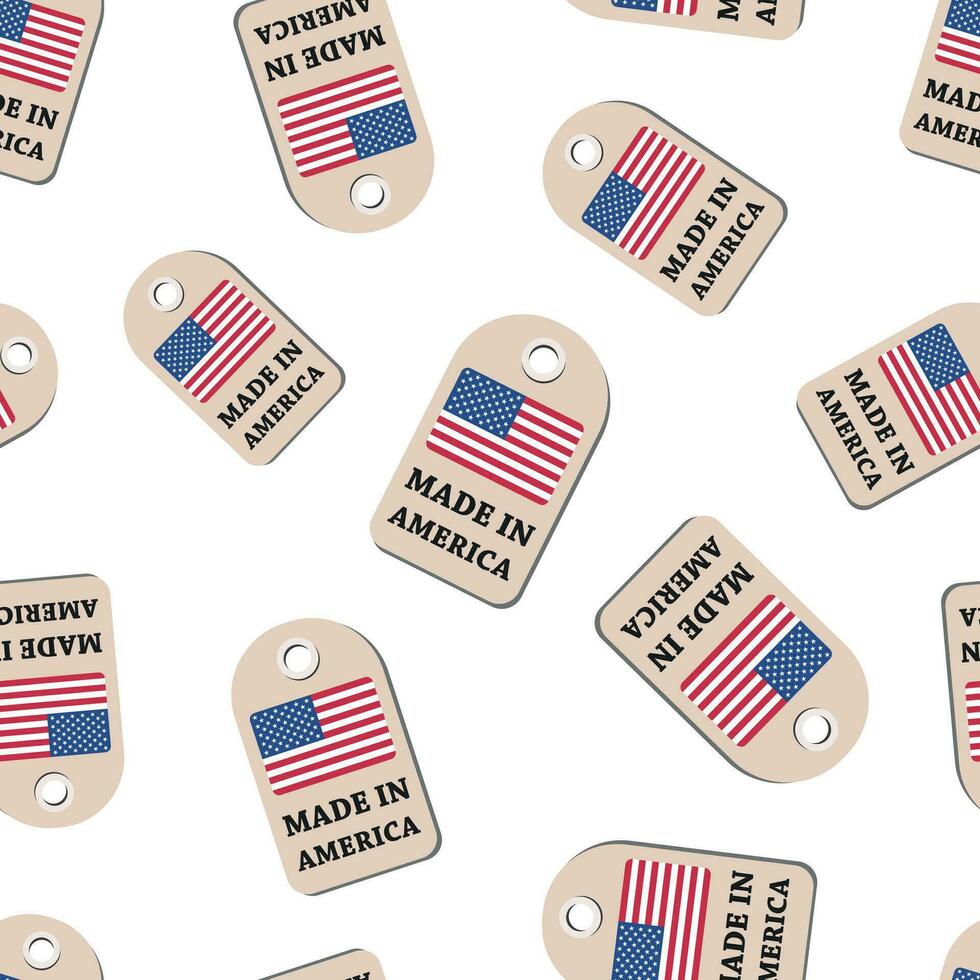 Hang tag made in America with flag seamless pattern background. Business flat vector illustration. Manufactured in America symbol pattern.