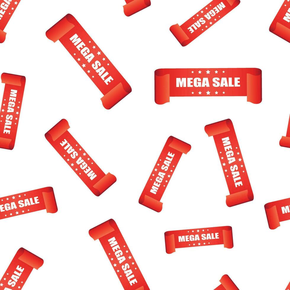 Mega sale ribbon hang tag seamless pattern background. Business flat vector illustration. Discount, sale sticker label symbol pattern.