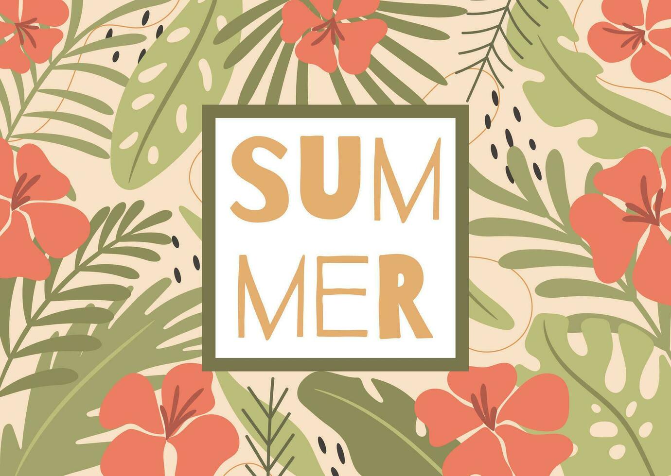 Hello summer card with tropical background. Vector illustration