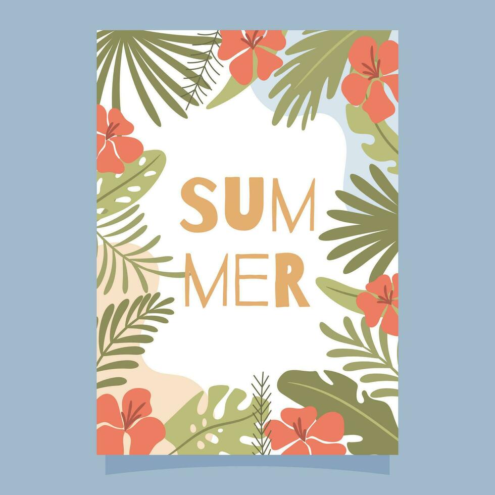 Hola verano tarjeta con tropical antecedentes. vector ilustración