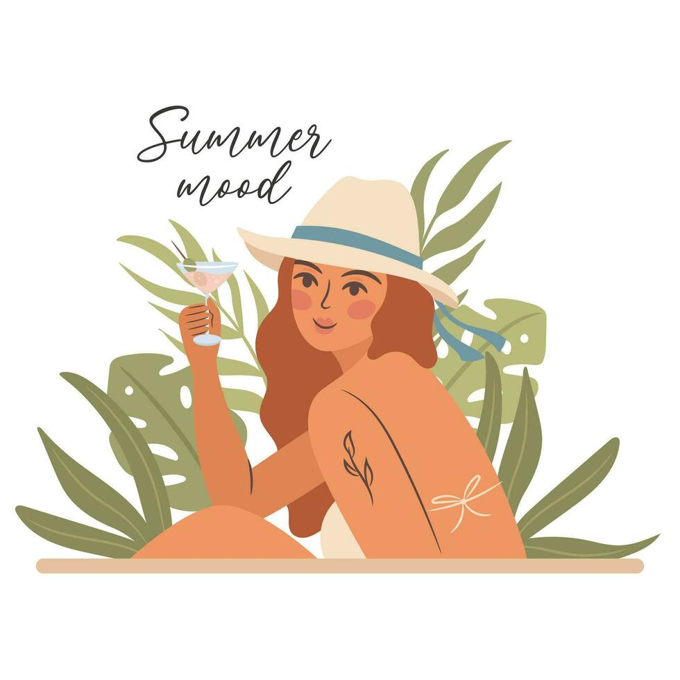 Hola verano, contento mujer en el playa, vector ilustración