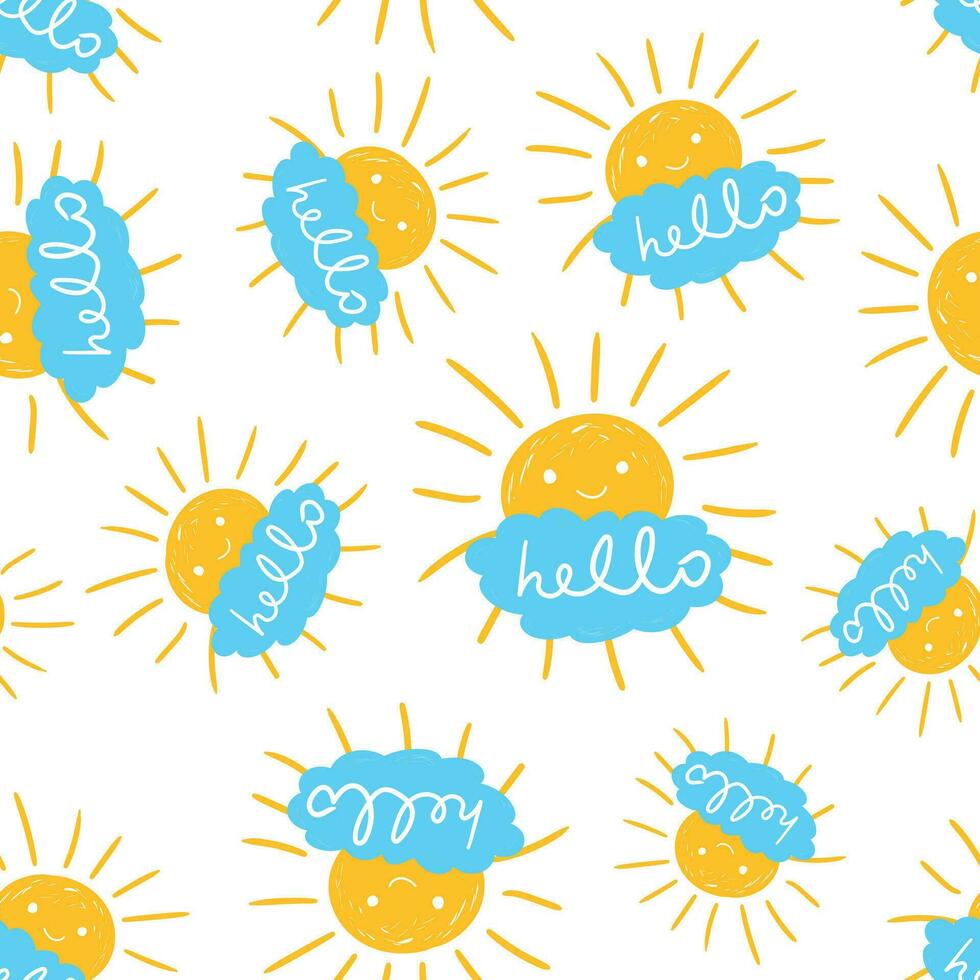 Hello summer hand drawn chalk sun icon seamless pattern background. Business flat vector illustration. Sun sign symbol pattern.