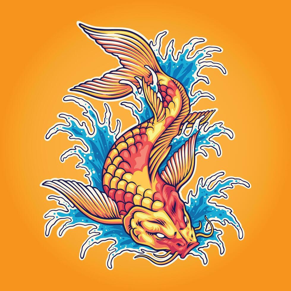 japonés koi pescado olas ilustración vector