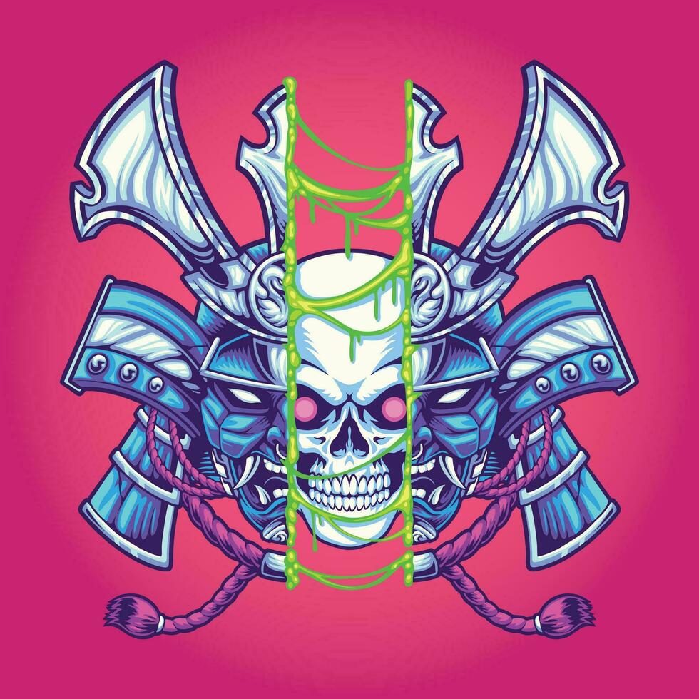 samurai half skull head mascot illustration vector