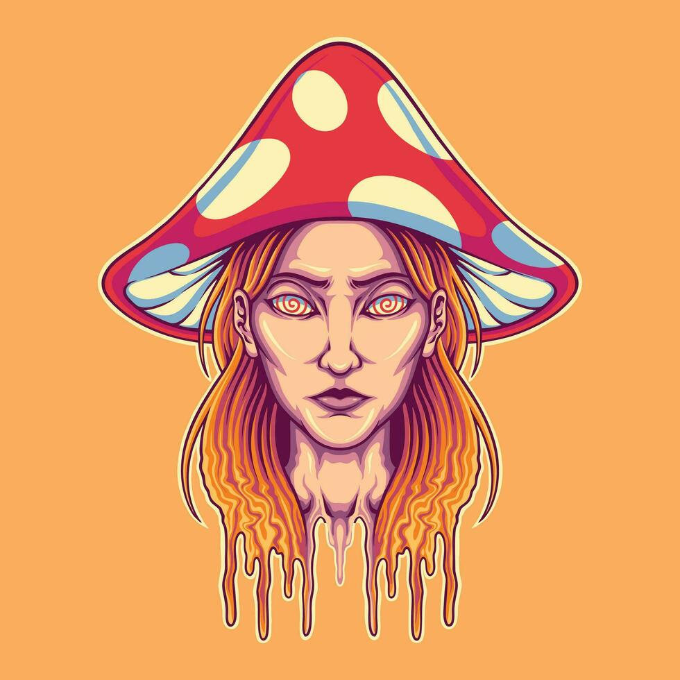 trippy girl magic mushroom head illustration vector