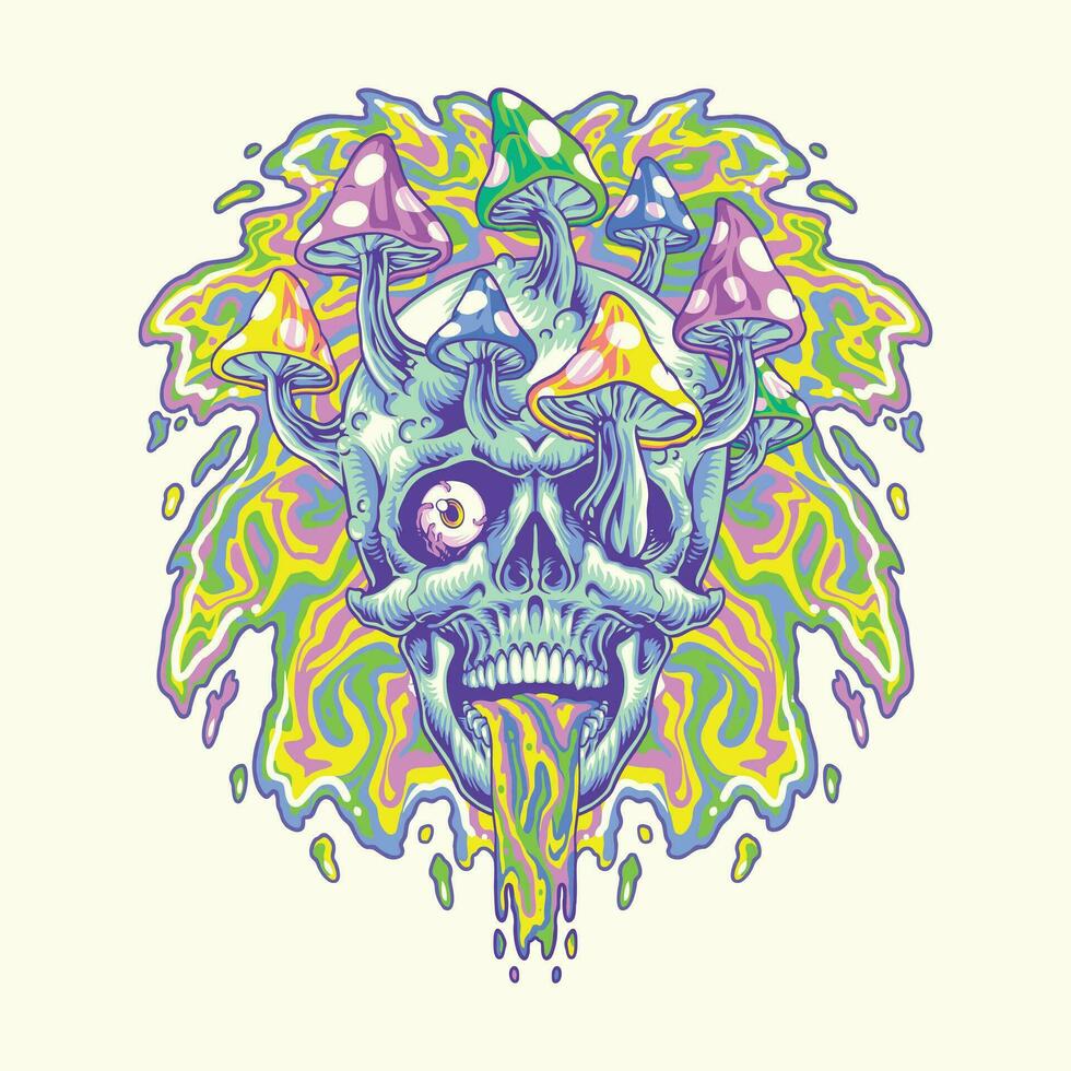 cráneo mushrom cabeza trippy ilustración vector