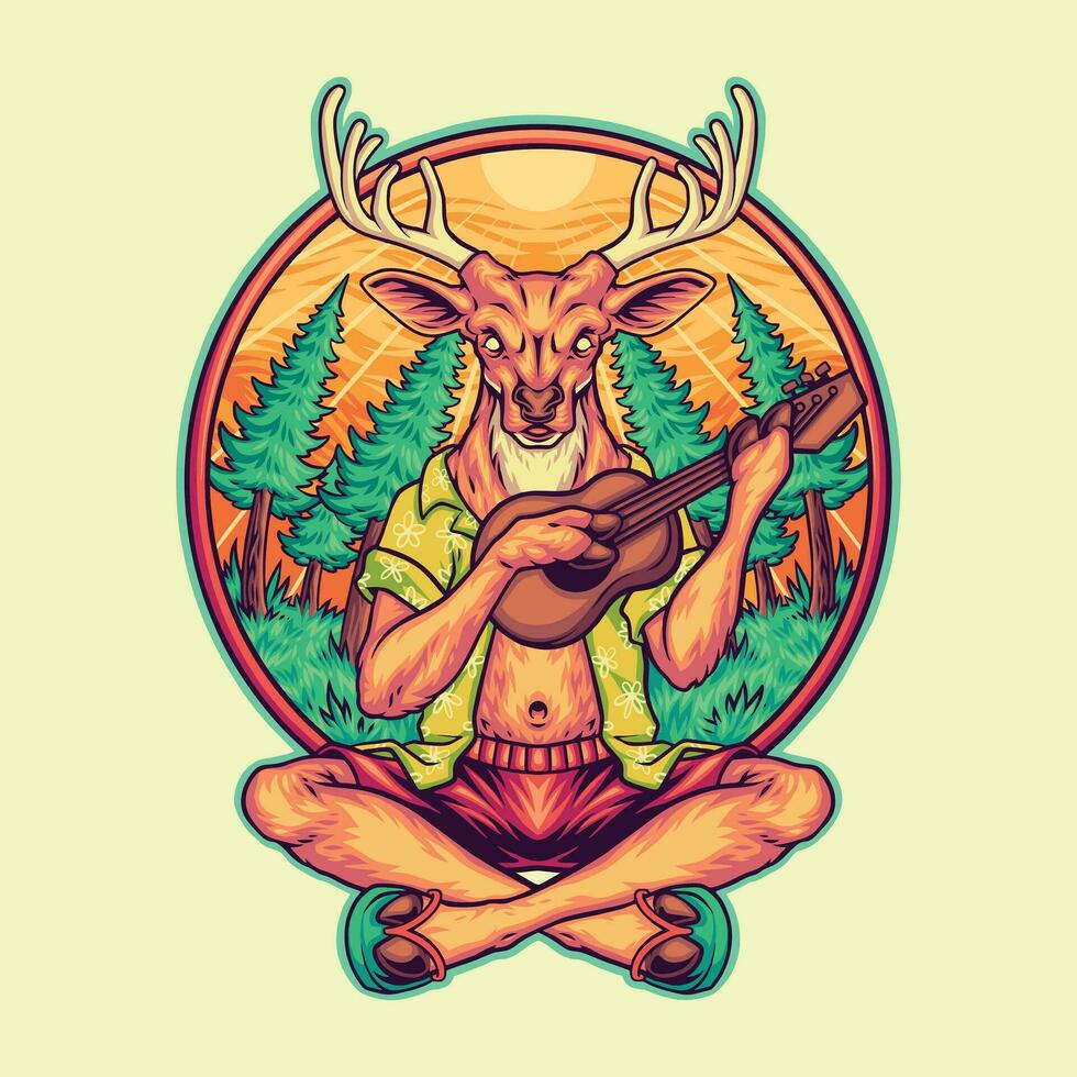 chill deer playing ukulele illustration vector