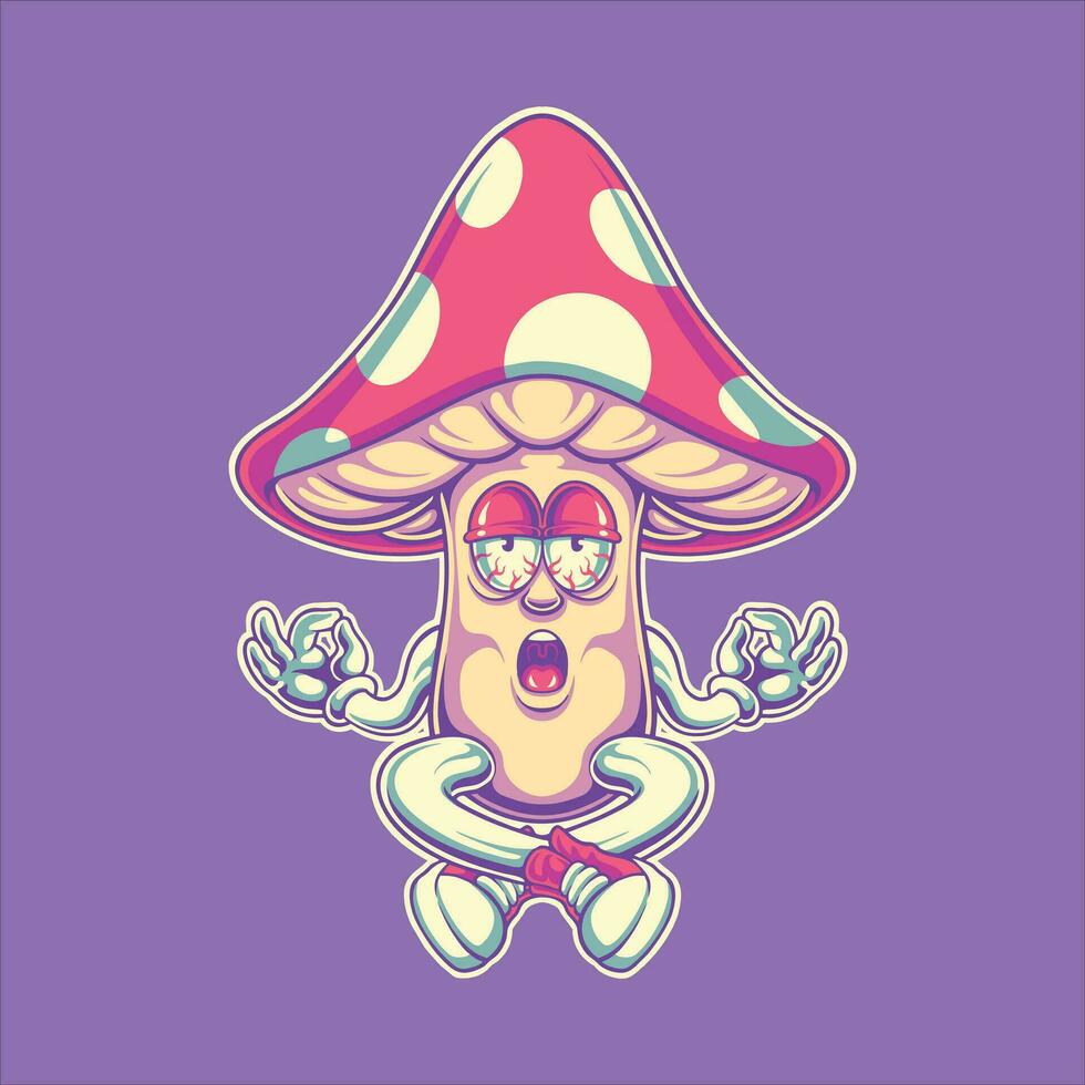 meditate mushroom cartoon character illustration vector
