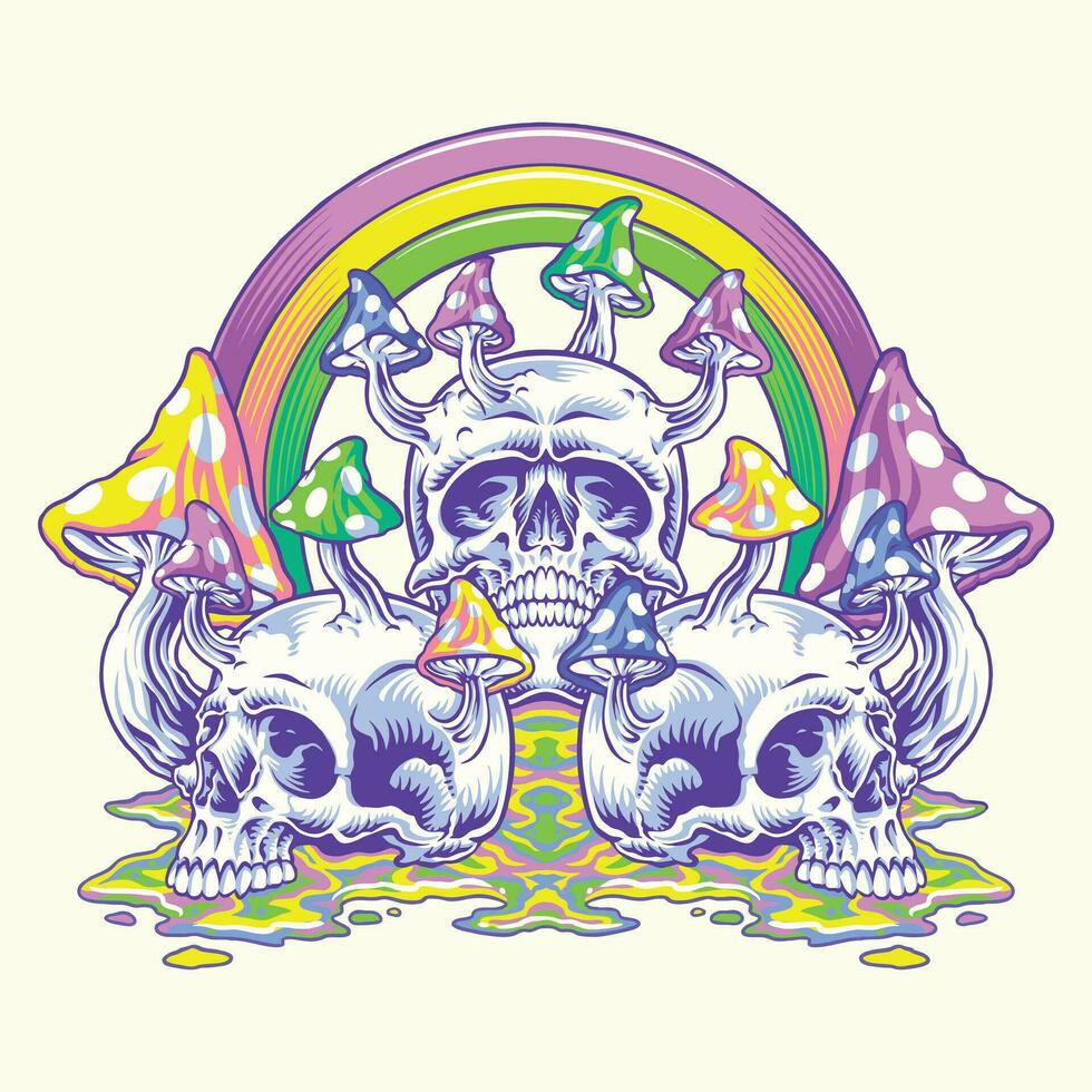 trippy skull mushroom head illustration vector