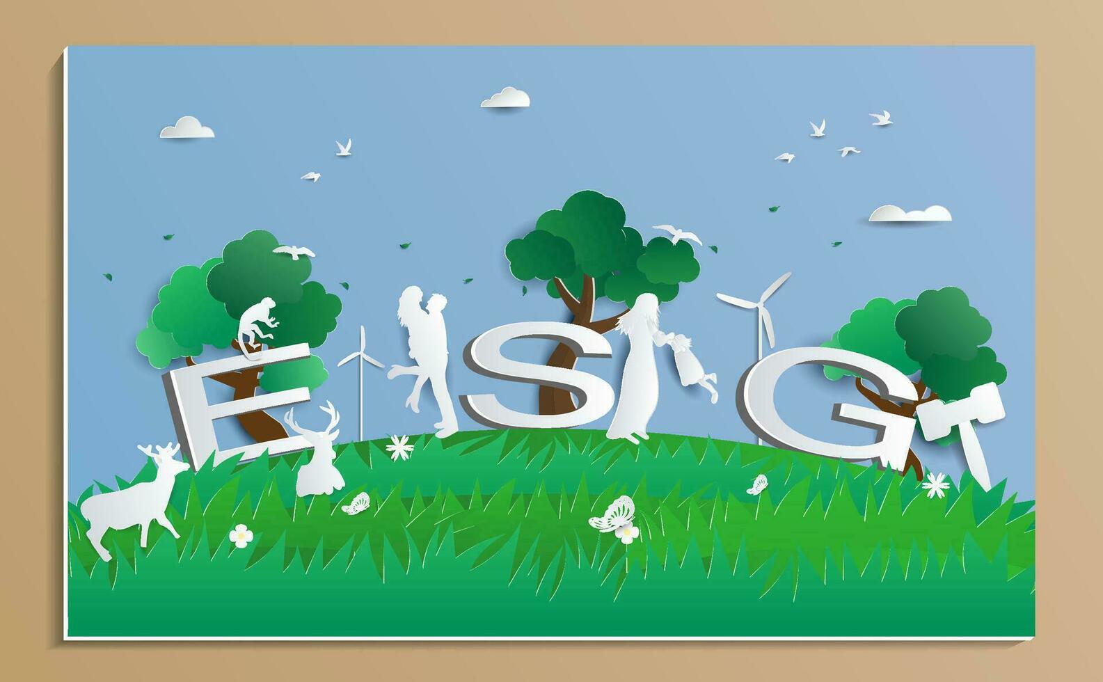 ESG Text Vector illustration With nature, society, environment governance Clean energy, sustainability with the sky background, ESG environmental social governance Paper cut art out style concepts.