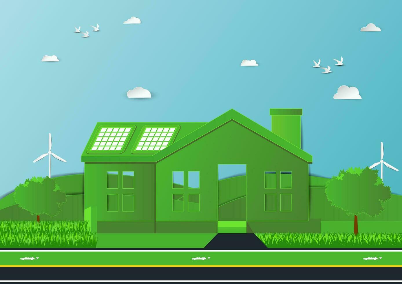 verde casa solar techo parte superior vector
