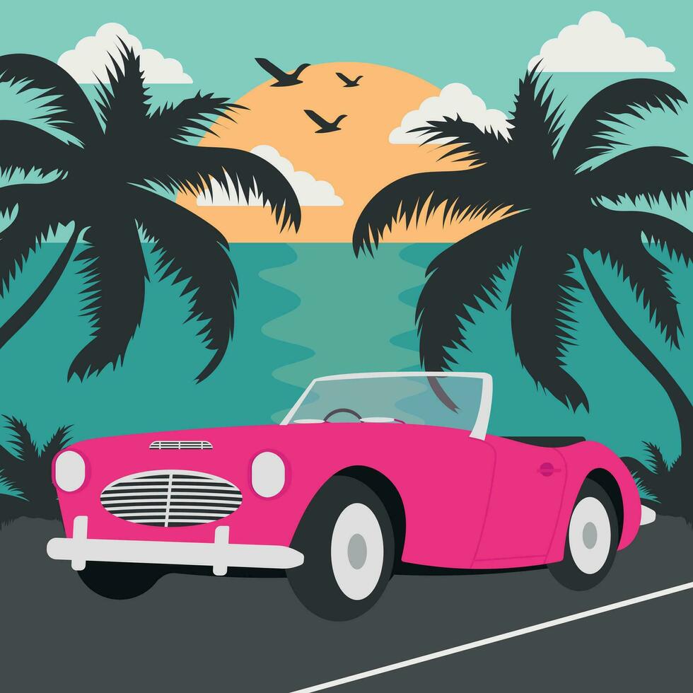 Vintage car on sunset with palm silhouette. Summer vacation vector ...
