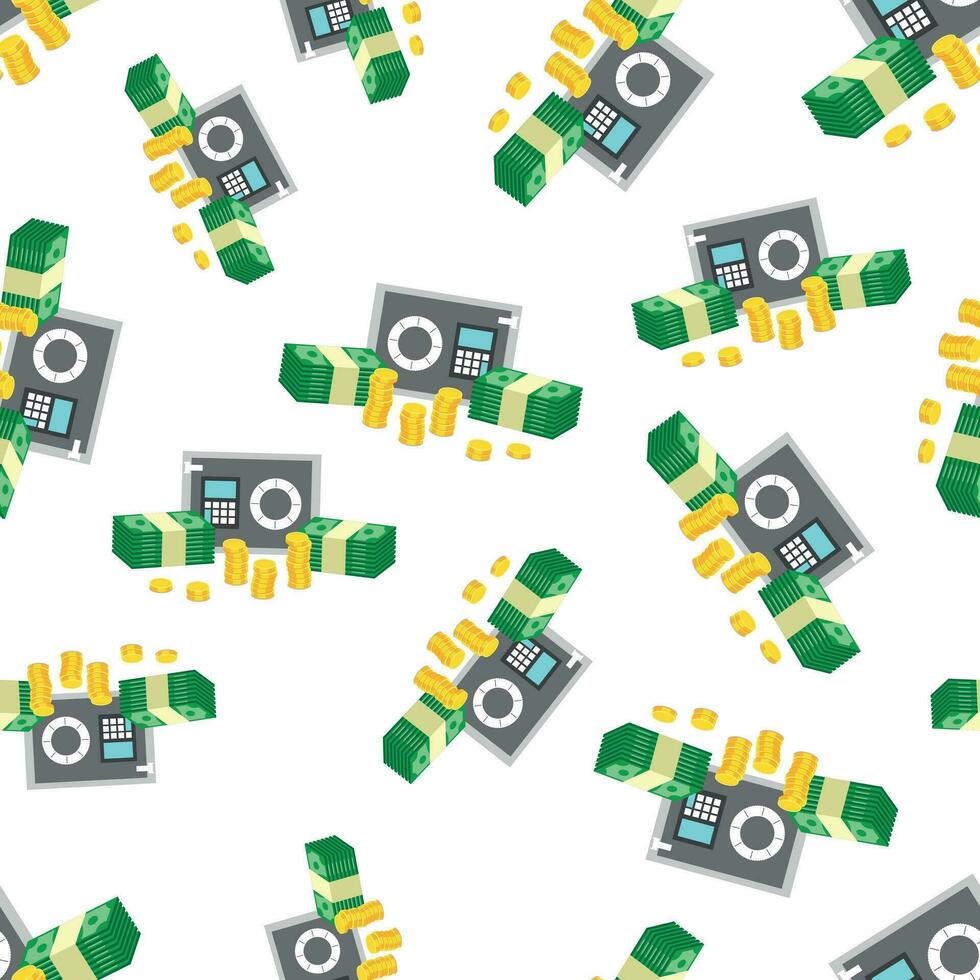 Closed small safe box and stacks of gold coins and stacks of dollar cash seamless pattern background. Business flat vector illustration. Money sign symbol pattern.