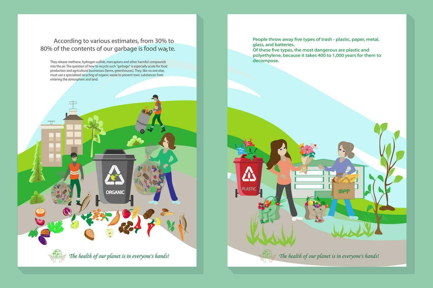 People sorting garbage. Men and women separate waste and throwing trash into recycling bins. Ecology Secondary use of garbage sorting,waste separation. vector