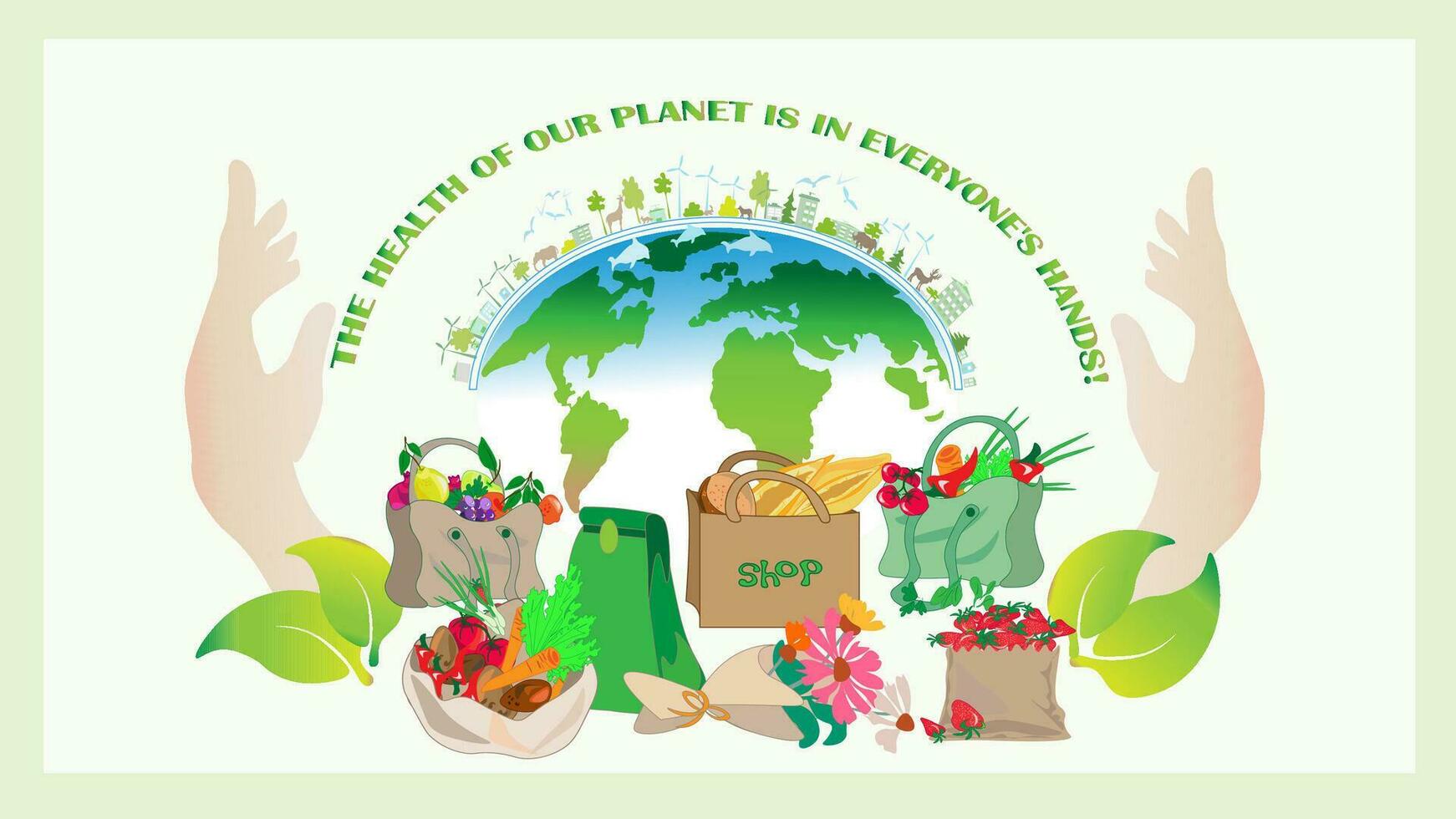 A collection of sustainable, reusable items and packaging. Conscious consumption. Zero Waste, glass jars, eco bags, string bag Flat vector illustration.