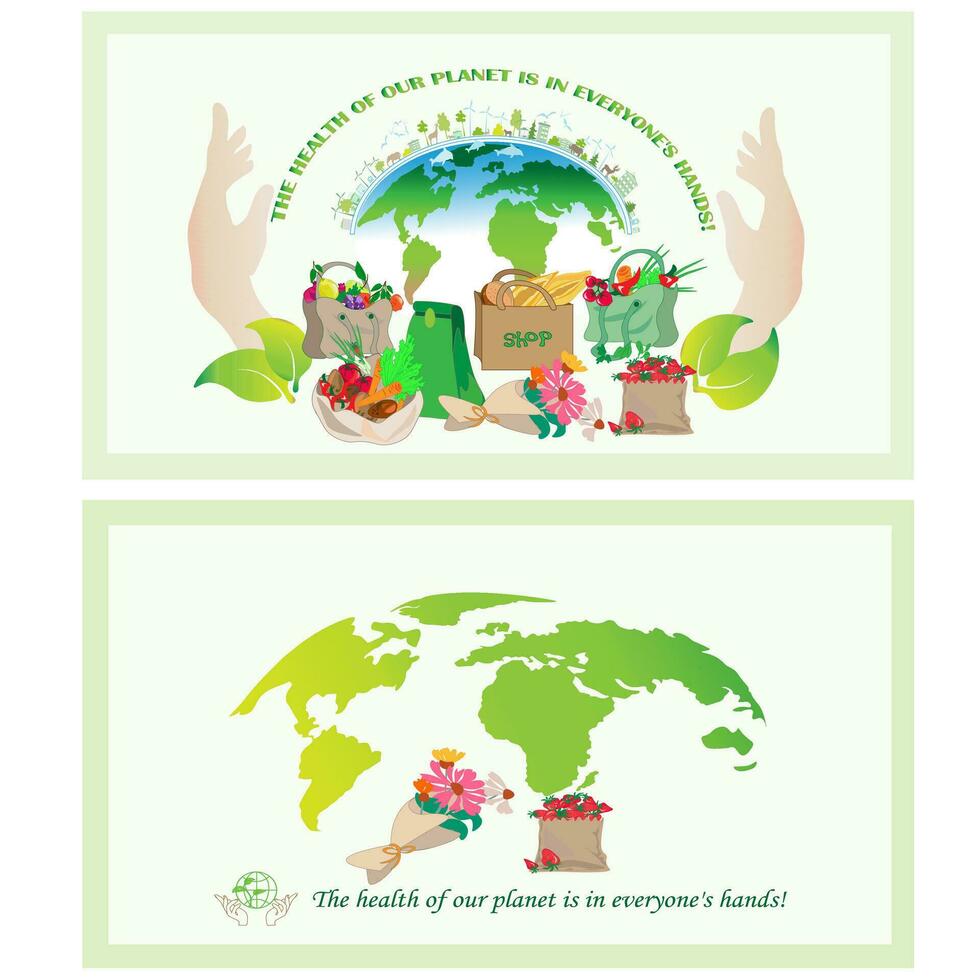 A collection of sustainable, reusable items and packaging. Conscious consumption. Zero Waste, glass jars, eco bags, string bag Flat vector illustration.