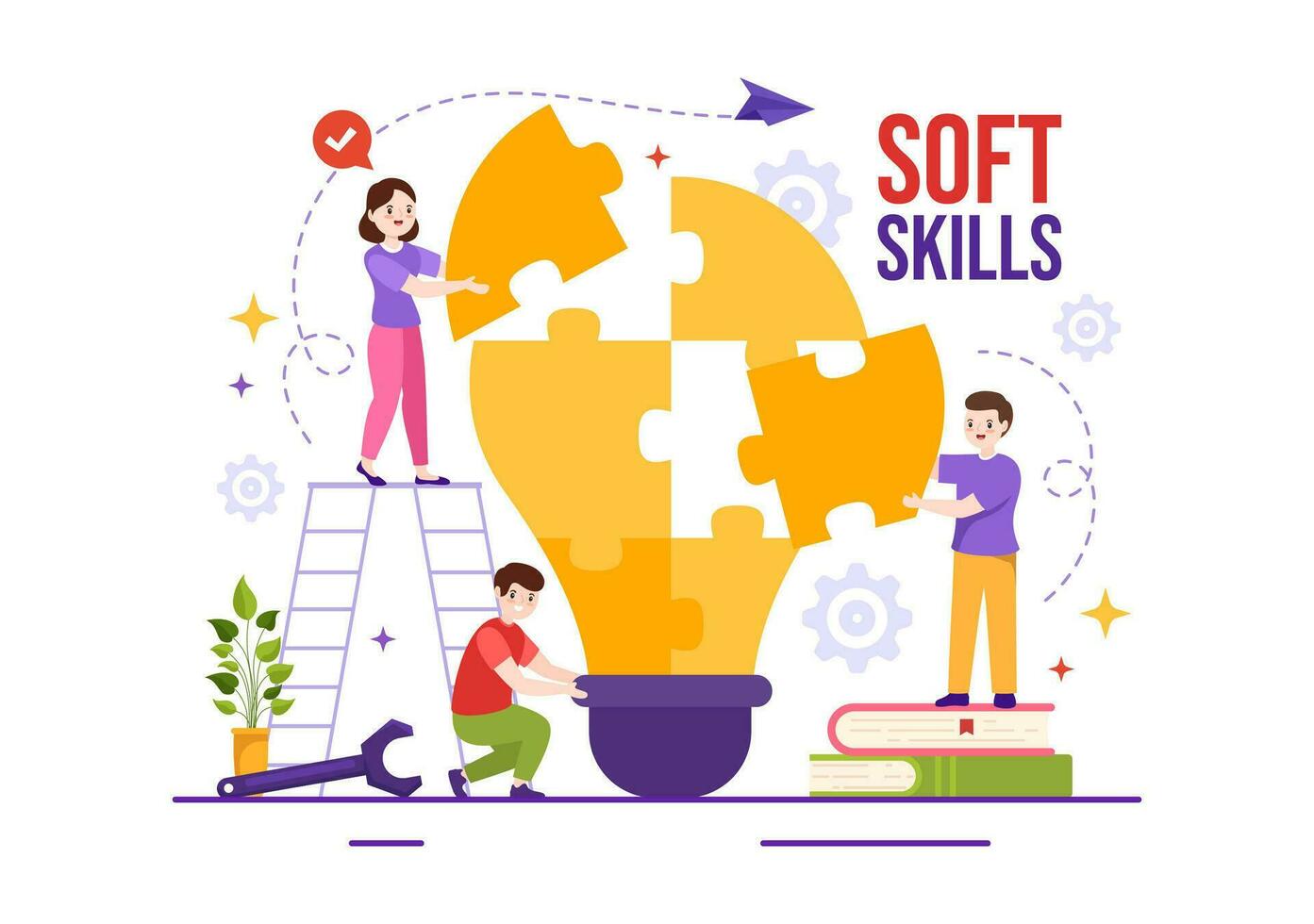 Soft Skills Vector Illustration of Office Workers Empathy, Communication, Idea Development, Skill and Education at Work in Flat Background Template