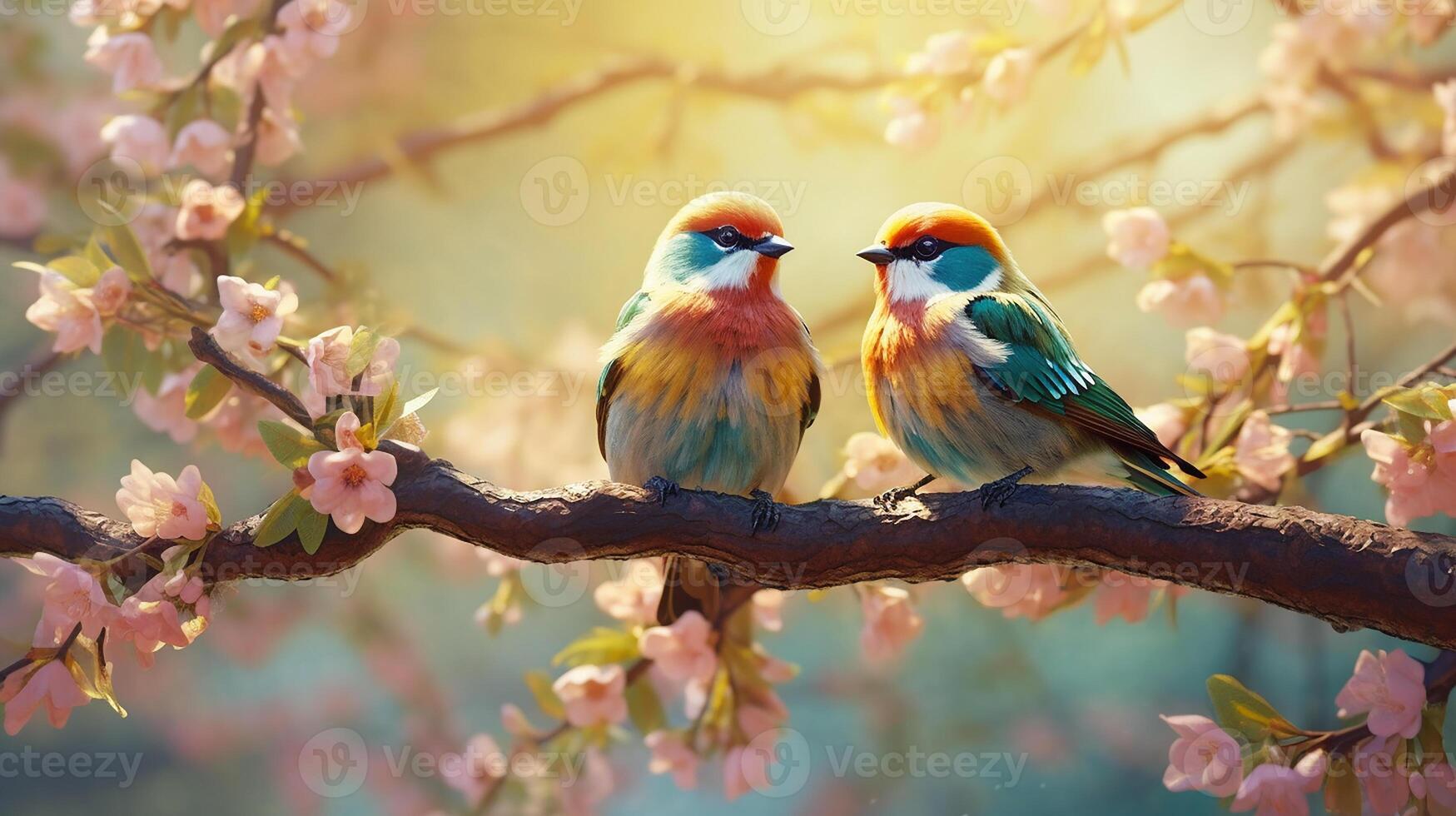 Beautiful two birds on a branch of a flowering tree in the forest. photo