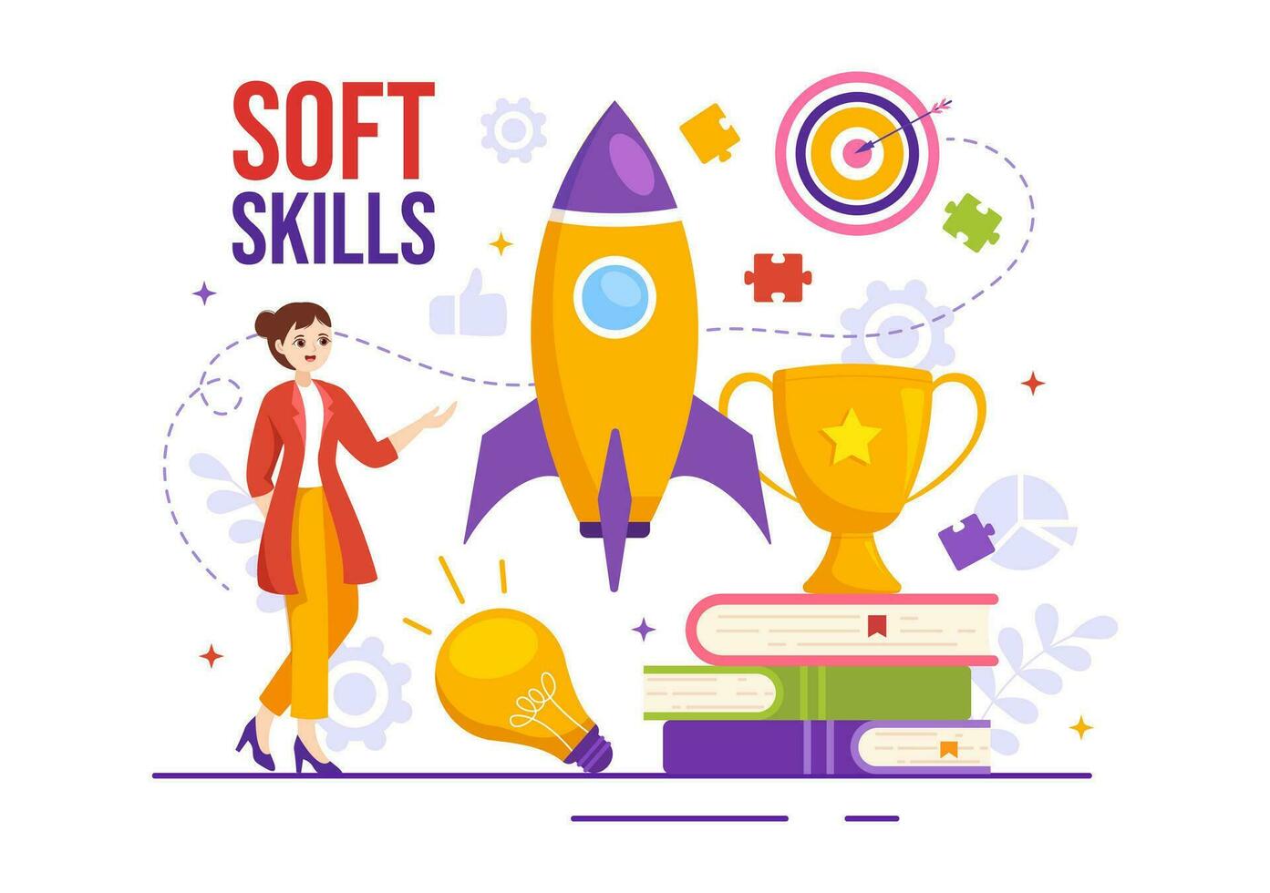 Soft Skills Vector Illustration of Office Workers Empathy, Communication, Idea Development, Skill and Education at Work in Flat Background Template
