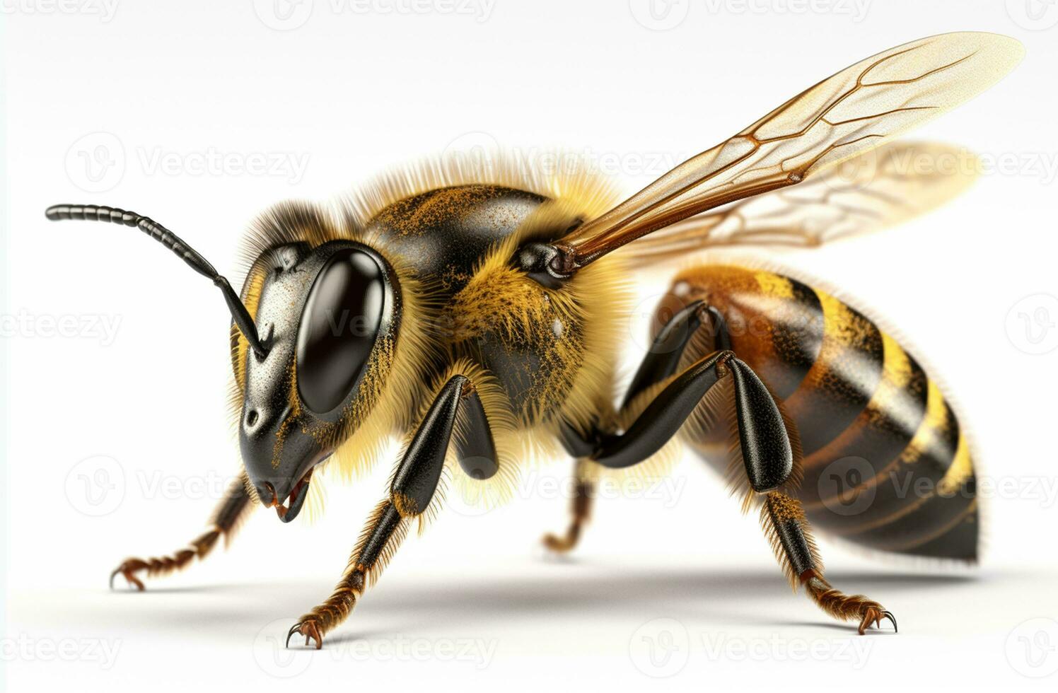abeja un hermosa y lustroso amarillo abeja en un dinámica retrato actitud generativo ai foto