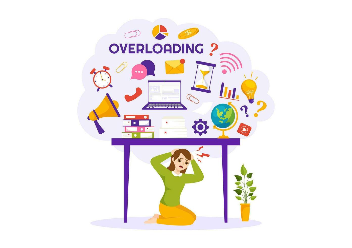 Overloading Vector Illustration with Busy work and Multitasking Employee to Finish Many Documents or Digital Information in Hand Drawn Templates