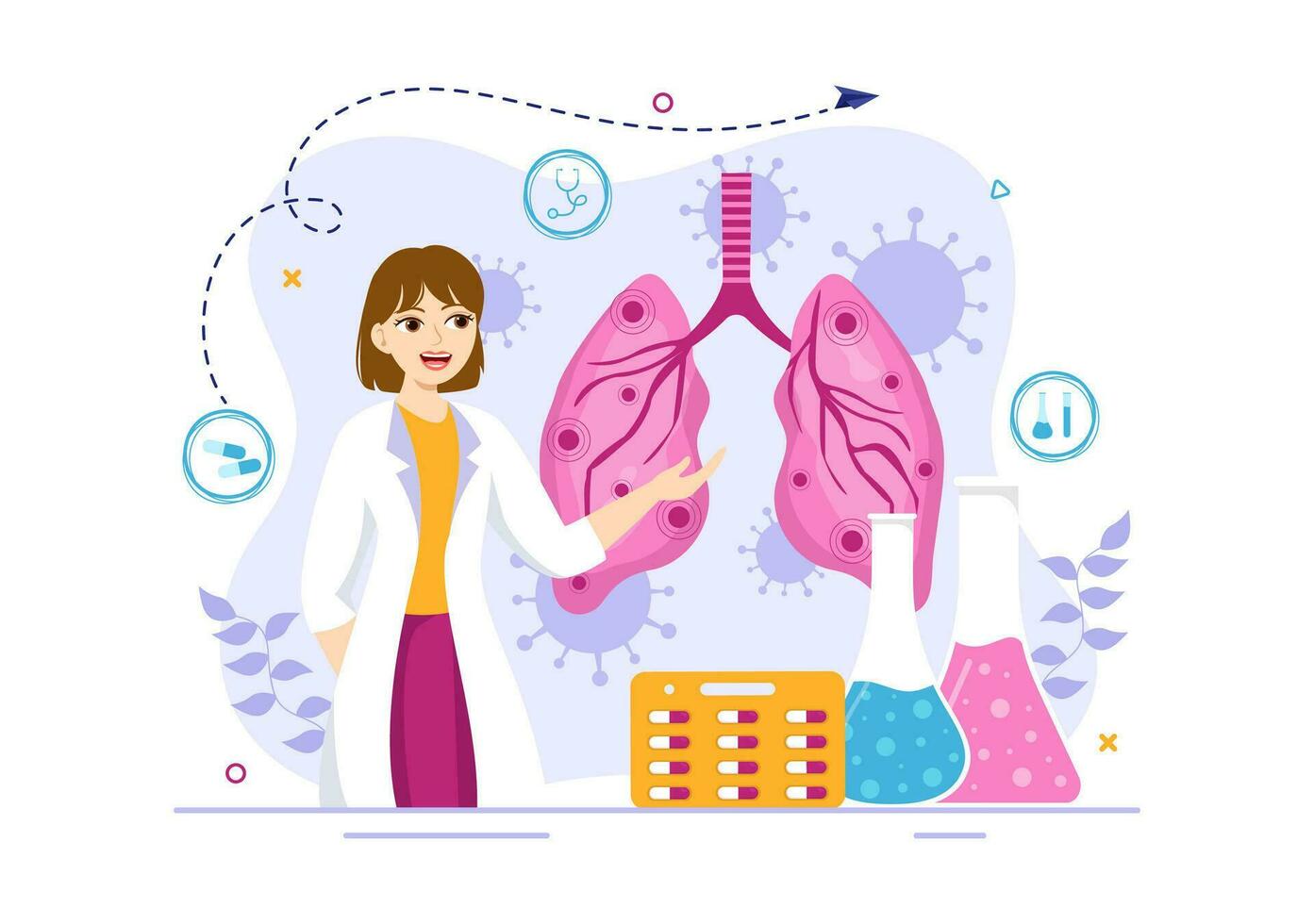 Respiratory Infection Vector Illustration of Inflammation in the Lungs with Virus Cells in Healthcare Background Flat Cartoon Hand Drawn Templates