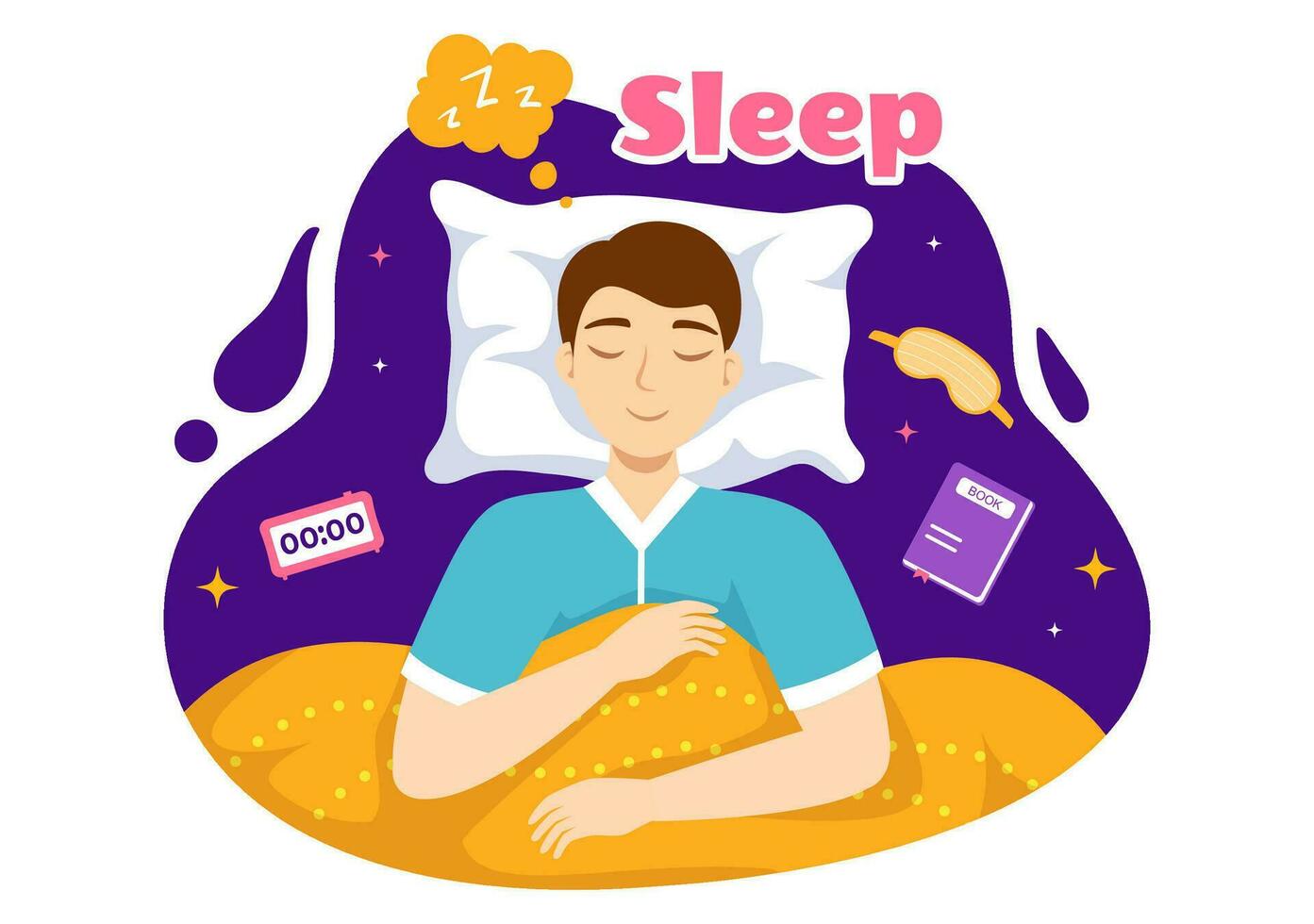 dormir vector ilustración con contento joven persona es rápido dormido y teniendo un dulce sueño en cuidado de la salud mano dibujado antecedentes noche plantillas