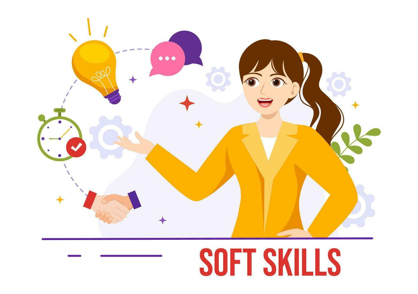 Soft Skills Vector Illustration of Office Workers Empathy, Communication, Idea Development, Skill and Education at Work in Flat Background Template