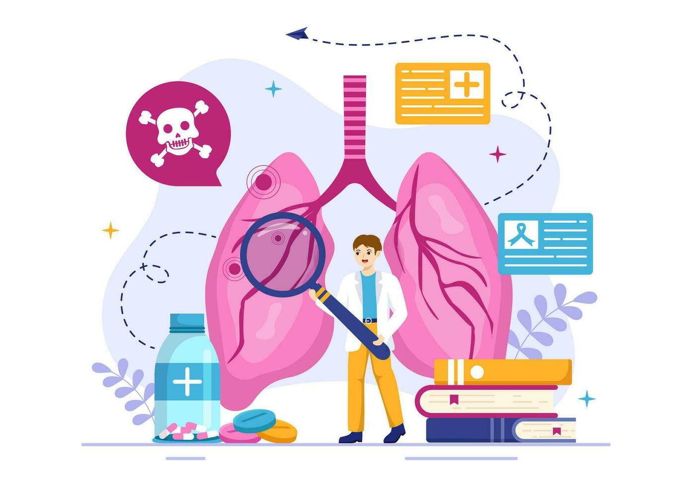 respiratorio infección vector ilustración de inflamación en el livianos con virus células en cuidado de la salud antecedentes plano dibujos animados mano dibujado plantillas