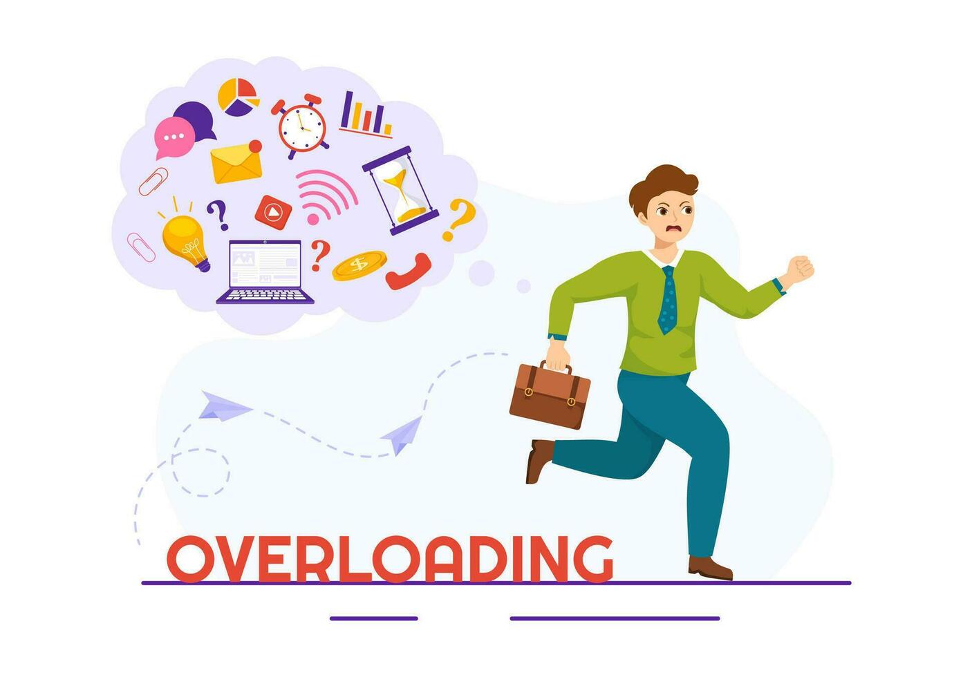 Overloading Vector Illustration with Busy work and Multitasking Employee to Finish Many Documents or Digital Information in Hand Drawn Templates