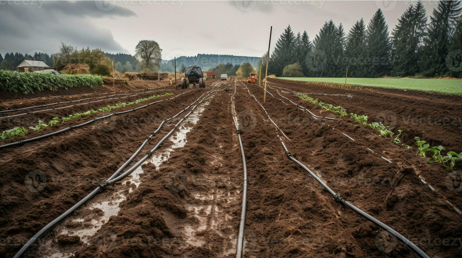 Harvesting on the farm a tractor driving on a field. Generative Ai. photo