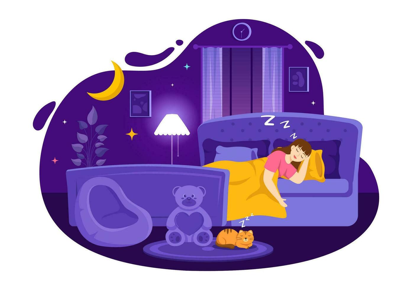 dormir vector ilustración con contento joven persona es rápido dormido y teniendo un dulce sueño en cuidado de la salud mano dibujado antecedentes noche plantillas