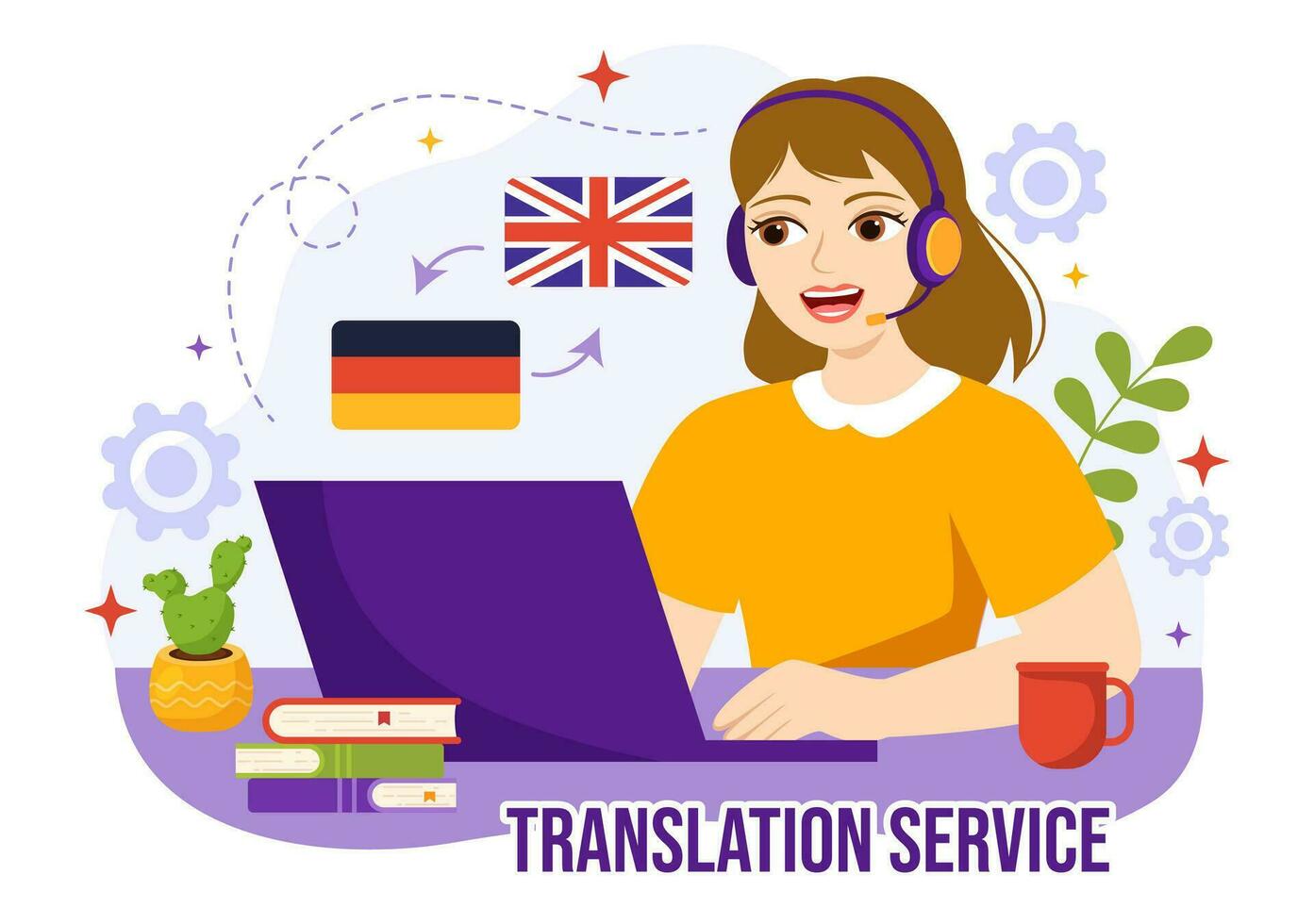 Translator Service Vector Illustration with Language Translation Various Countries and Multilanguage Using Dictionary in Hand Drawn Templates