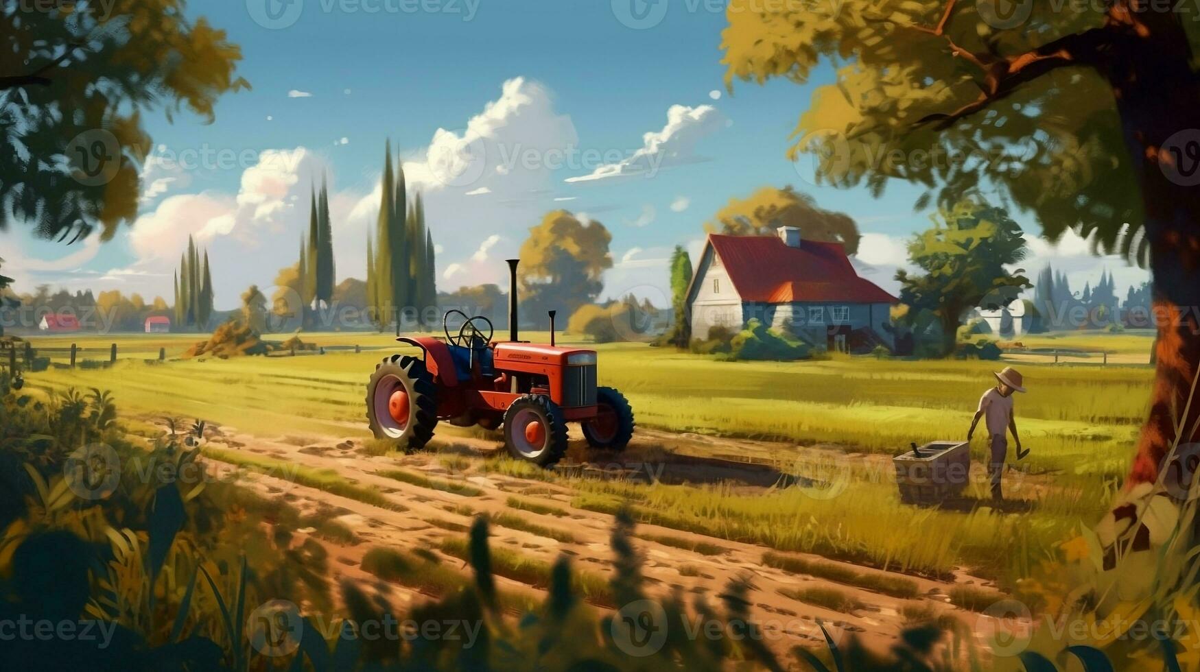 Harvesting on the farm a tractor driving on a field. Generative Ai. photo