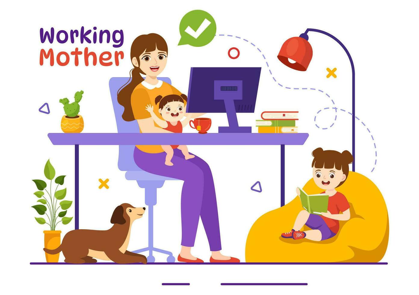 Working Mother Vector Illustration with Mothers who does Work and Takes Care of her Kids at the Home in Multitasking Cartoon Hand Drawn Templates
