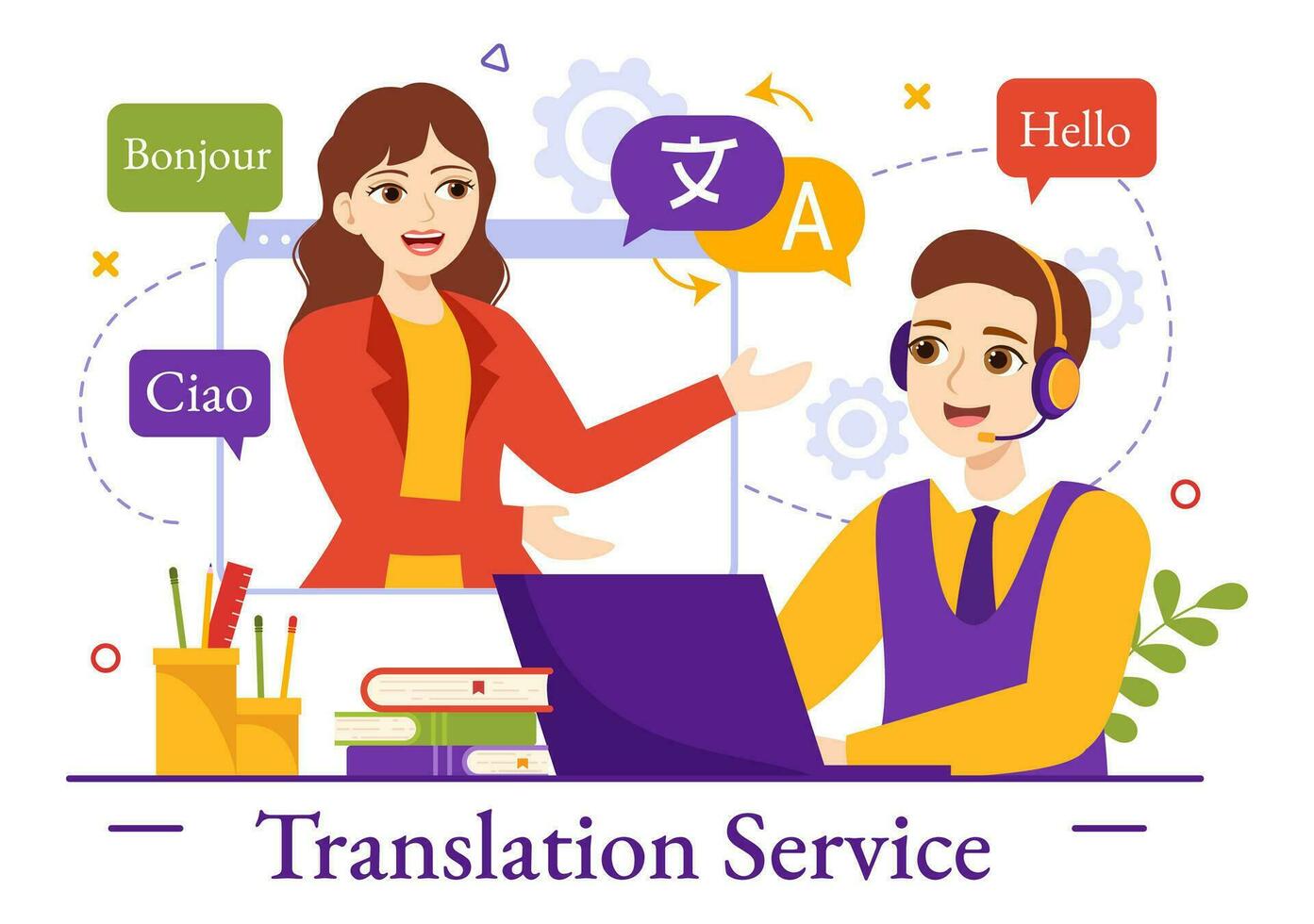 Translator Service Vector Illustration with Language Translation Various Countries and Multilanguage Using Dictionary in Hand Drawn Templates