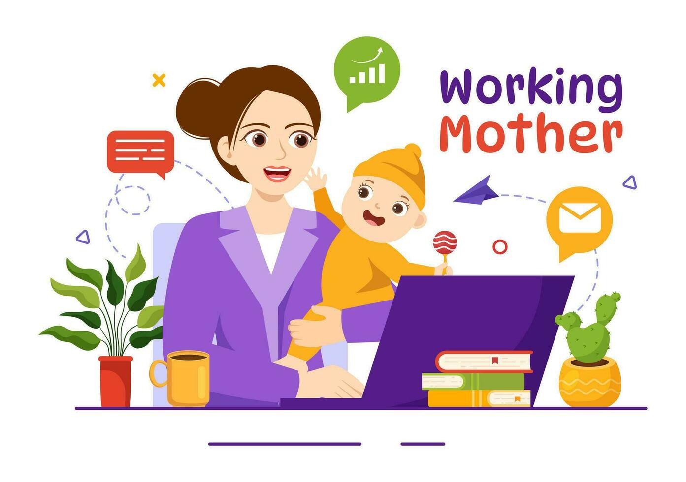 Working Mother Vector Illustration with Mothers who does Work and Takes Care of her Kids at the Home in Multitasking Cartoon Hand Drawn Templates
