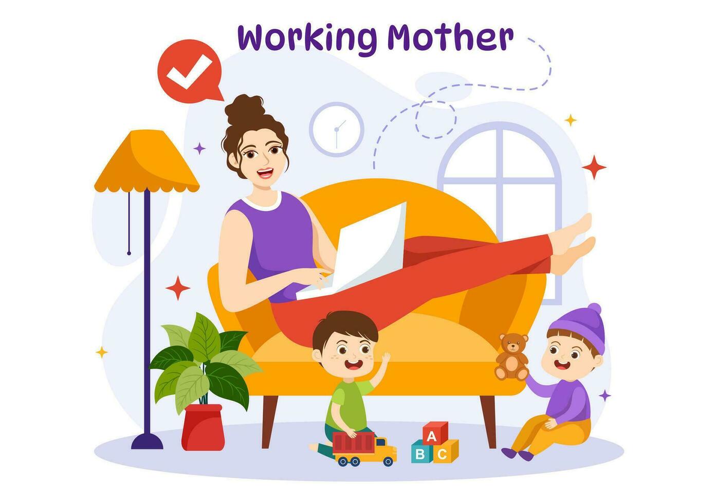 trabajando madre vector ilustración con madres quien lo hace trabajo y toma cuidado de su niños a el hogar en multitarea dibujos animados mano dibujado plantillas