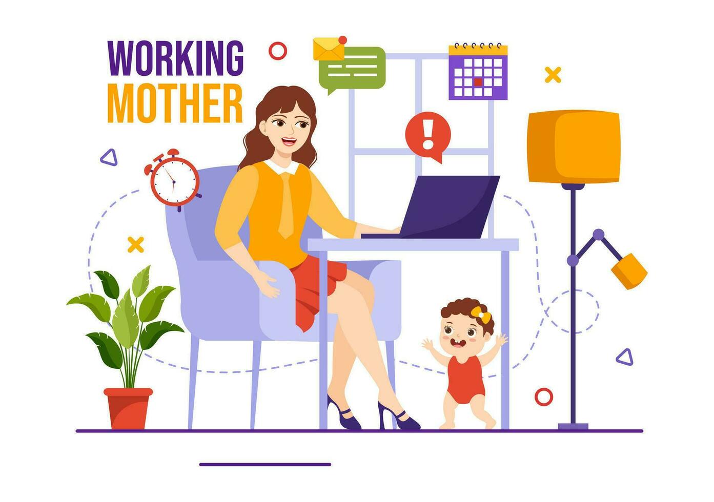 trabajando madre vector ilustración con madres quien lo hace trabajo y toma cuidado de su niños a el hogar en multitarea dibujos animados mano dibujado plantillas