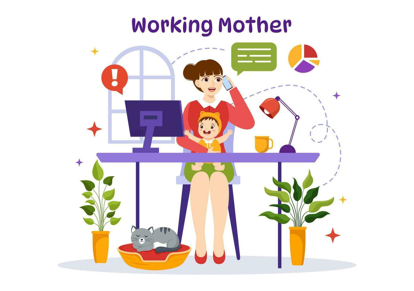 Working Mother Vector Illustration with Mothers who does Work and Takes Care of her Kids at the Home in Multitasking Cartoon Hand Drawn Templates