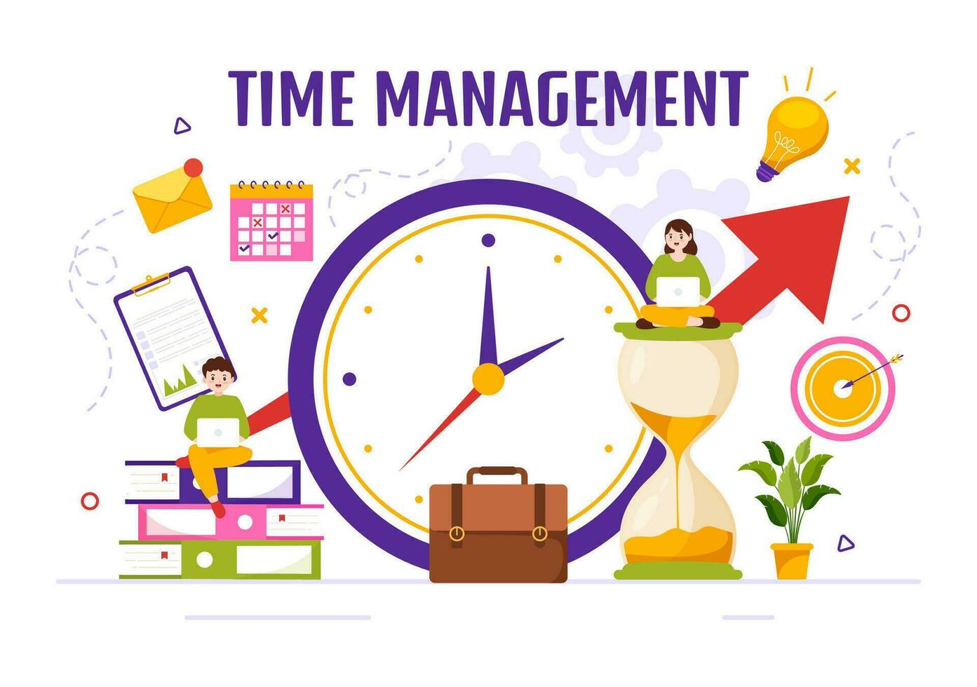 Time Management Vector Illustration with Clock Controls and Tasks Planning Training Activities Schedule in Flat Cartoon Hand Drawn Templates