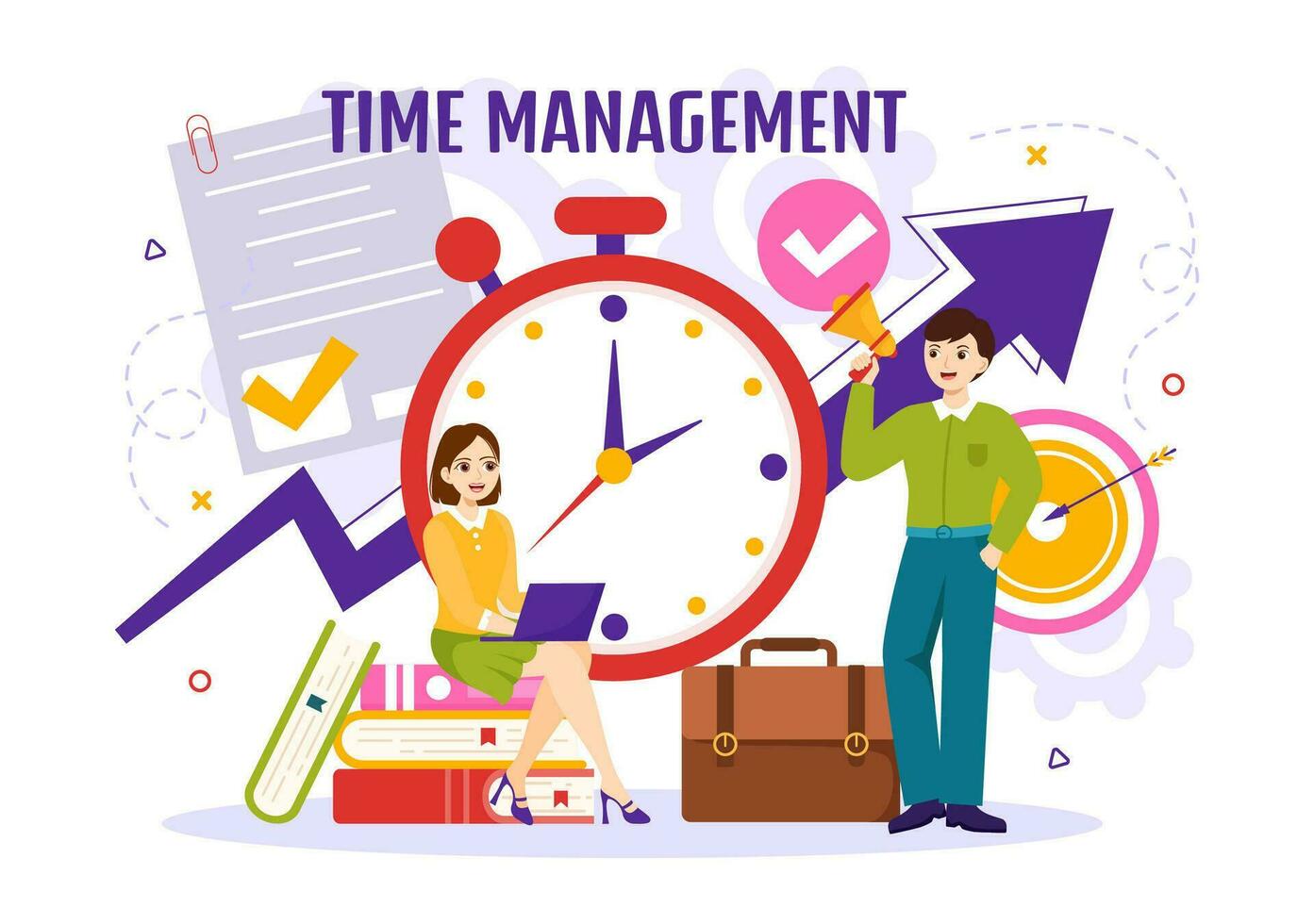 Time Management Vector Illustration with Clock Controls and Tasks Planning Training Activities Schedule in Flat Cartoon Hand Drawn Templates