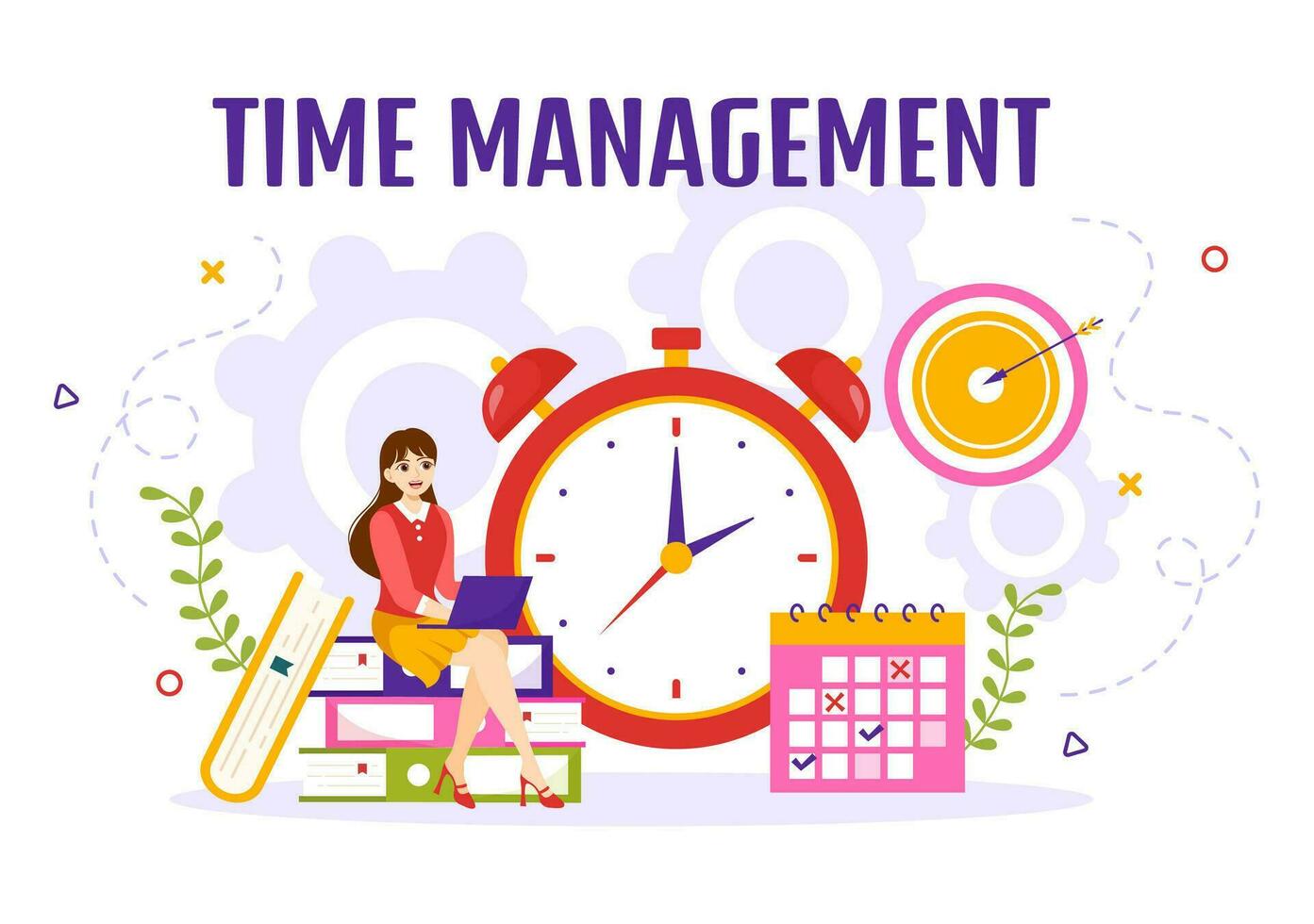 Time Management Vector Illustration with Clock Controls and Tasks Planning Training Activities Schedule in Flat Cartoon Hand Drawn Templates