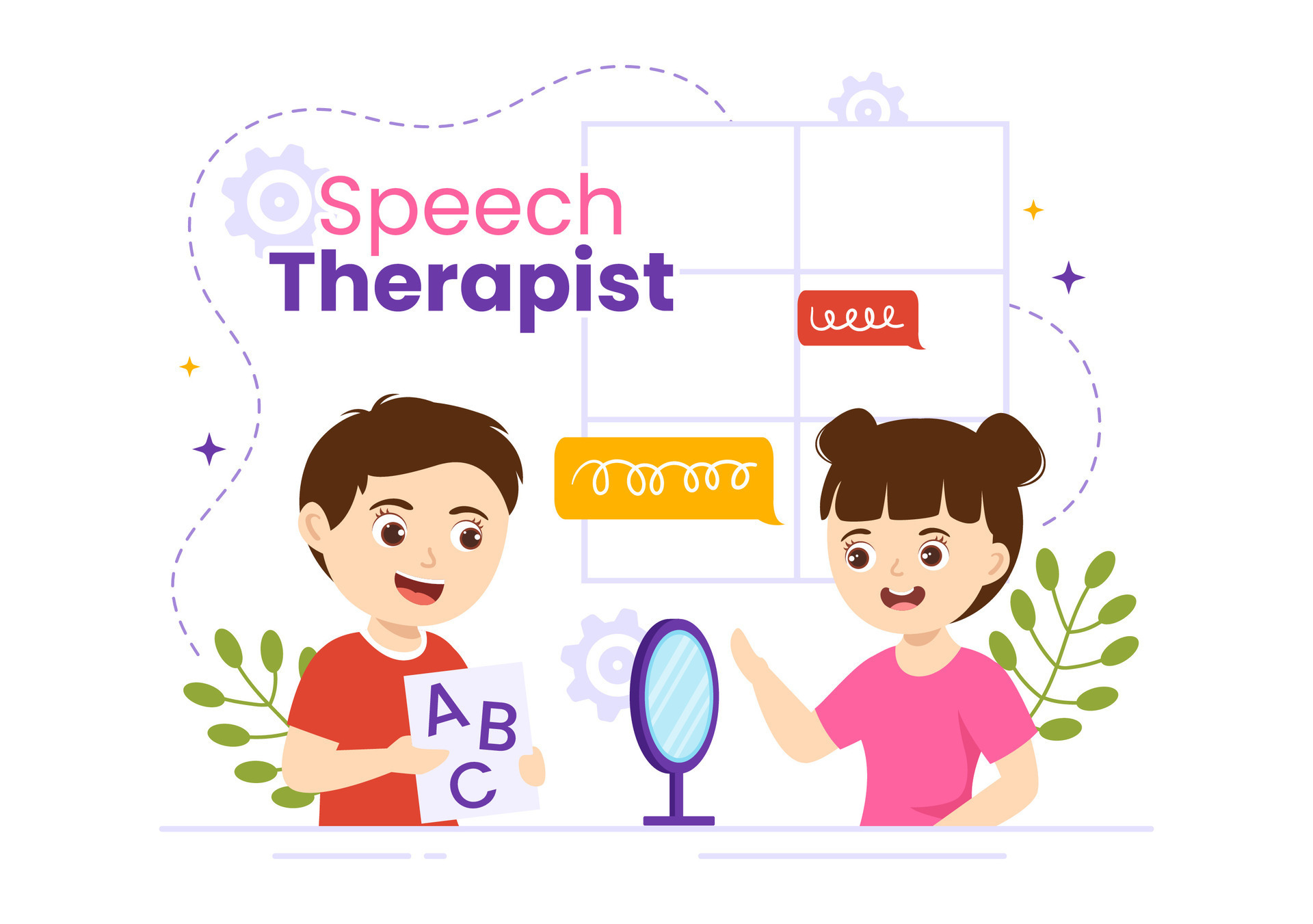 Speech Therapist Vector Illustration with Child Training Basic Language