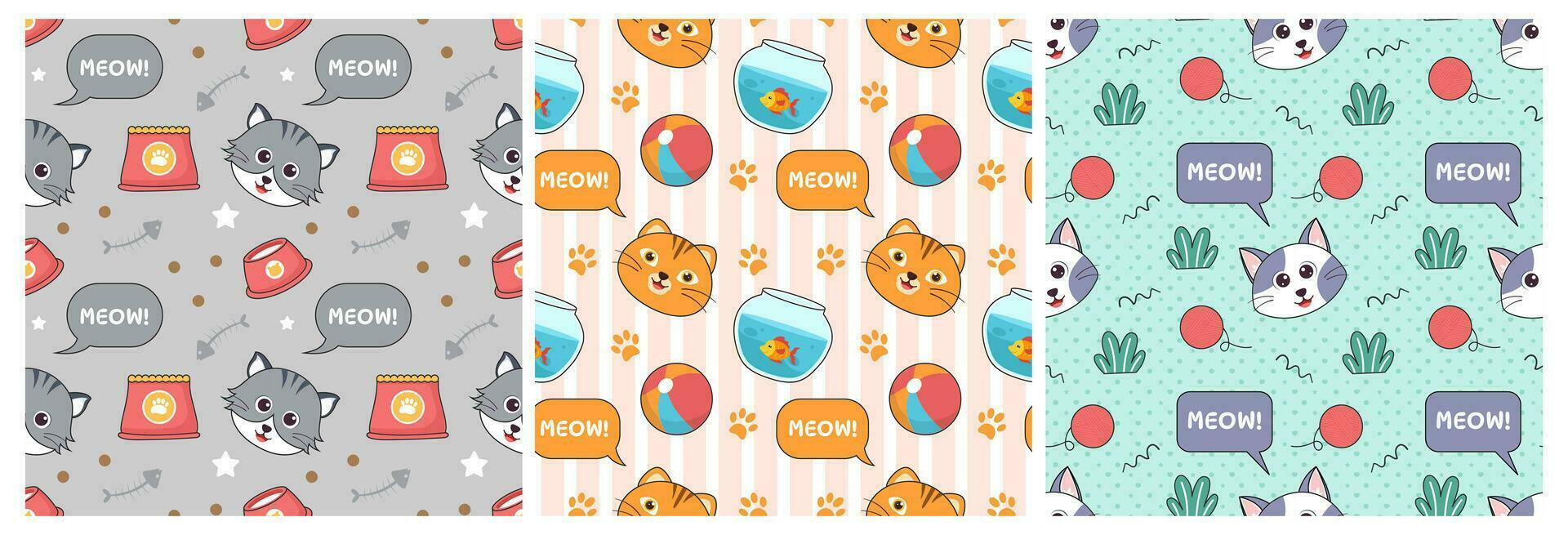 Set of Cats Animals Seamless Pattern Design with Cat Element in Template Hand Drawn Cartoon Flat Illustration vector