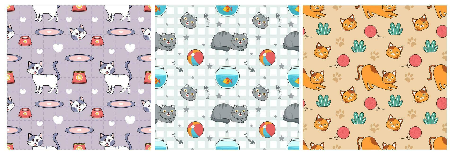 Set of Cats Animals Seamless Pattern Design with Cat Element in Template Hand Drawn Cartoon Flat Illustration vector