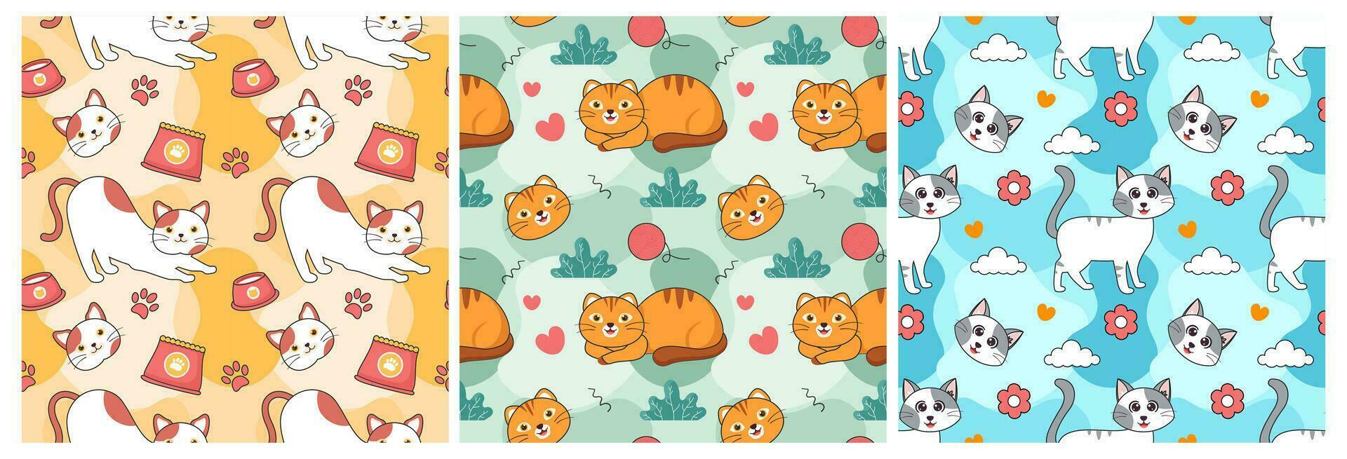 Set of Cats Animals Seamless Pattern Design with Cat Element in Template Hand Drawn Cartoon Flat Illustration vector