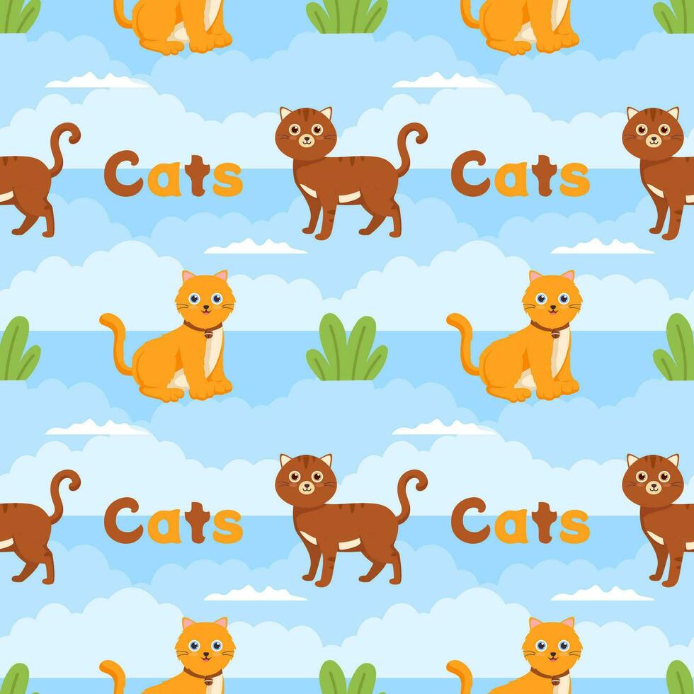 Cats Animals Seamless Pattern Design with Cat Element in Template Hand Drawn Cartoon Flat Illustration vector