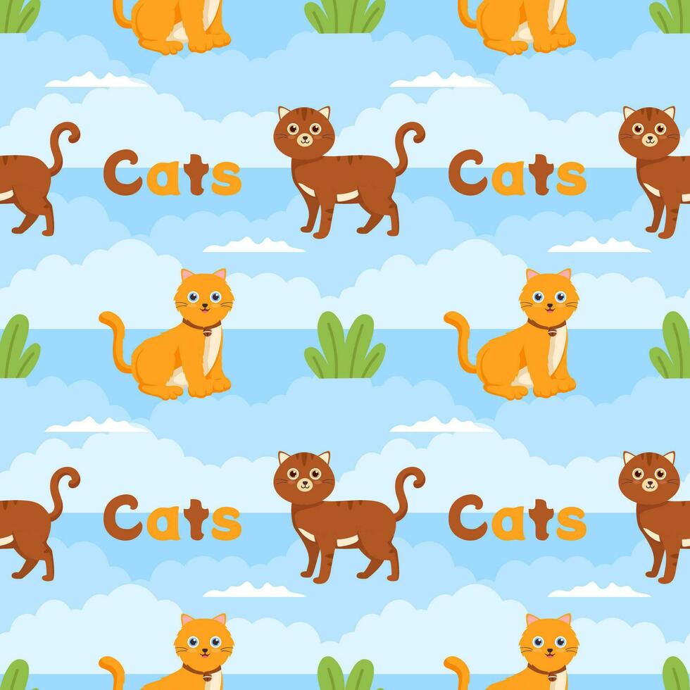 Cats Animals Seamless Pattern Design with Cat Element in Template Hand Drawn Cartoon Flat Illustration vector